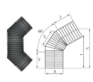 Отвод 60° гофрированный канализационный 190/160 пэ SN8/SN6